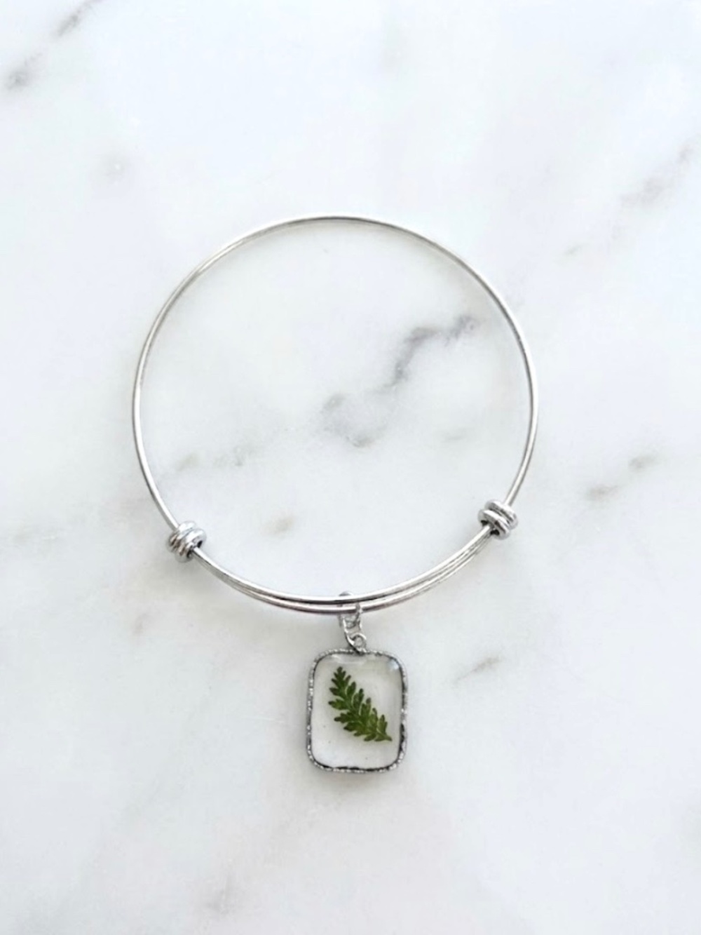 Sliver Bangle Bracelet with Resin Leaf Charm
